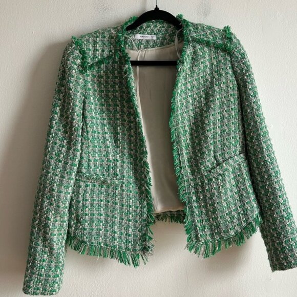 Mango Sz S Tweed Green Elegant Open Front Blazer - Picture 2 of 13